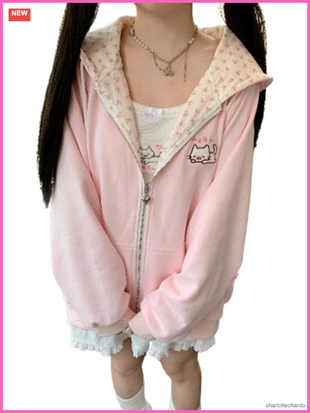 Y2K Cat Ear Oversized Zip-Up Hoodie Kawaii Harajuku Streetwear